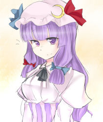Rule 34 | 1122yuki, 1girl, bad id, bad pixiv id, bow, breasts, crescent moon, female focus, gradient background, hair bow, hat, hat ribbon, long hair, moon, patchouli knowledge, purple eyes, purple hair, ribbon, smile, solo, touhou