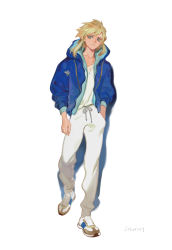 Rule 34 | 1boy, absurdres, arms at sides, blonde hair, blouse, blue jacket, casual, contemporary, dated, drawstring, earrings, full body, grey background, hand in pocket, highres, hood, hood down, hooded jacket, hoop earrings, jacket, jewelry, link, long sleeves, looking at viewer, male focus, nanjou (sumeragimishiro), necklace, nintendo, open clothes, open jacket, pants, parted lips, pointy ears, puffy long sleeves, puffy sleeves, shadow, shirt, shoes, short hair, sidelocks, simple background, sneakers, solo, standing, the legend of zelda, white background, white footwear, white pants, white shirt
