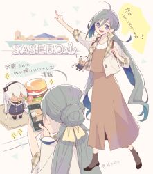 Rule 34 | 1girl, ahoge, black footwear, blue hair, brown dress, brown socks, burger, cellphone, colis, dress, food, grey eyes, grey hair, holding, holding phone, jacket, kantai collection, kiyoshimo (kancolle), long hair, long sleeves, low twintails, multicolored hair, multiple views, musashi (kancolle), open clothes, open jacket, open mouth, phone, shoes, smartphone, smile, socks, sparkle, translation request, twintails, twitter username, white jacket