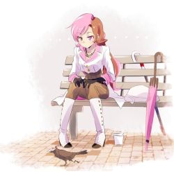 Rule 34 | 1girl, bench, bird, cane, closed umbrella, crow, drink, full body, grimm (rwby), hands on own knees, iesupa, looking down, multicolored hair, neo politan, nevermore (rwby), rwby, sitting, split-color hair, two-tone hair, umbrella