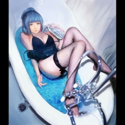 Rule 34 | 10s, 1girl, alternate hairstyle, bad anatomy, bathroom, bathtub, black dress, blue eyes, blue hair, blurry, bottle, depth of field, derivative work, dress, faucet, fishnet thighhighs, fishnets, from above, hair up, highres, indoors, knees up, looking at viewer, lying, matching hair/eyes, moekyon, no shoes, on back, paintover, panty &amp; stocking with garterbelt, pouring, short dress, solo, stocking (psg), thighhighs, third-party edit, water, water bottle, wet, wet clothes