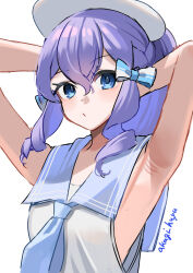 1girl akagi_kurage aqua_neckerchief armpits arms_behind_head blue_eyes blue_sailor_collar drill_hair hat highres kantai_collection langley_(kancolle) long_hair neckerchief official_alternate_costume purple_hair sailor_collar sailor_shirt shirt simple_background sleeveless sleeveless_shirt solo white_background white_hat