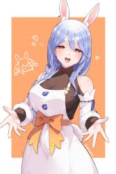 Rule 34 | 1girl, absurdres, animal ear fluff, animal ears, apron, artist name, black bodysuit, blue hair, bodysuit, border, bow, braid, braided ponytail, breasts, commentary, commentary request, cowboy shot, detached sleeves, english commentary, hair between eyes, hair over shoulder, half-closed eyes, heart, highres, hololive, large breasts, light blush, long hair, looking at viewer, mature female, mixed-language commentary, multicolored hair, namiorii, open hands, open mouth, orange background, orange bow, orange eyes, outside border, outstretched arms, pekomama, rabbit-shaped pupils, rabbit ears, rabbit girl, rabbit tail, short eyebrows, smile, solo, standing, streaked hair, symbol-shaped pupils, tail, teeth, thick eyebrows, upper teeth only, usada pekora, virtual youtuber, white apron, white border, white hair, white sleeves