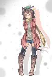 Rule 34 | 1girl, :o, alternate costume, animal ears, arms behind back, beanie, black thighhighs, blush, boots, brown footwear, brown hair, casual, cat ears, cat tail, chen, contemporary, earrings, full body, hat, highres, jacket, jewelry, looking at viewer, multiple tails, ototobe, pigeon-toed, red eyes, scarf, shirt, short hair, shorts, simple background, single earring, sketch, solo, standing, tail, thighhighs, touhou, two tails, white background, white shirt