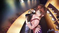 Rule 34 | 1girl, apron, bar (place), breasts, brown hair, canister, chair, cup, earrings, eve no jikan, fisheye, from above, glasses, green eyes, highres, hozumi kaoru, jewelry, looking at viewer, looking up, nagi (eve no jikan), plate, short hair, smile, solo, teacup