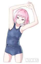 Rule 34 | 1girl, armpits, arms up, bare shoulders, blue one-piece swimsuit, breasts, closed mouth, collarbone, competition school swimsuit, copyright name, exercising, gluteal fold, goddess of victory: nikke, highres, noah (nikke), one-piece swimsuit, pink eyes, pink hair, school swimsuit, shinoe nun, short hair, small breasts, swimsuit, thighs