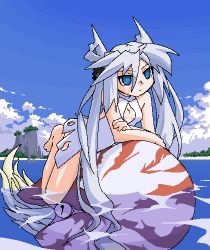 Rule 34 | 1girl, bare shoulders, barefoot, beach, blue eyes, bow, casual one-piece swimsuit, cleavage cutout, clothing cutout, crossed arms, female focus, flat chest, hair bow, long hair, lowres, mof, mof&#039;s silver haired twintailed girl, nature, ocean, oekaki, one-piece swimsuit, original, outdoors, plant, riding, silver hair, sky, solo, swimsuit, very long hair, water
