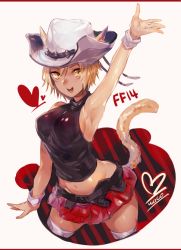 Rule 34 | 1girl, animal ears, arm up, armpits, belt, blonde hair, cat ears, cat tail, final fantasy, final fantasy xiv, halterneck, halterneck, hat, looking at viewer, midriff, miqo&#039;te, open mouth, pleated skirt, short hair, skirt, sleeveless, slit pupils, solo, tail, thighhighs, waco (misonobu), yellow eyes