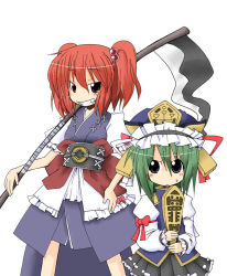 Rule 34 | 2girls, :&lt;, black eyes, blush, bow, brown eyes, fang, female focus, green hair, grin, hair bobbles, hair ornament, hat, japanese clothes, mogito, multiple girls, onozuka komachi, red hair, rod of remorse, scythe, shiki eiki, short hair, short twintails, skirt, smile, sweat, touhou, twintails, two side up