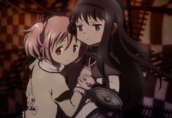 Rule 34 | 10s, 2girls, akemi homura, anime coloring, black hair, bow, cropped, flauschtraut, hair bow, hairband, hand on another&#039;s chest, hornhell (hugro), hug, kaname madoka, long hair, looking back, magical girl, mahou shoujo madoka magica, mahou shoujo madoka magica (anime), multiple girls, official style, pink eyes, pink hair, purple eyes, school uniform, shield, short hair, short twintails, soul gem, twintails, yuri