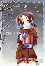 Rule 34 | 1girl, christmas, drill hair, gift, holding, holding gift, horns, mittens, snow, snowing, solo, thighhighs, zettai ryouiki