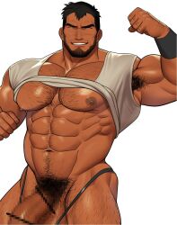 Rule 34 | 1boy, abs, armpit hair, armpits, bara, beard, biceps, black hair, censored, closed eyes, clothes lift, facial hair, flaccid, hairy, highres, kuromine hiraya, large pectorals, male focus, manly, mature male, mosaic censoring, muscular, muscular male, nipples, original, pectorals, penis, pubic hair, scar, scar on face, shirt, shirt lift, short hair, simple background, smile, solo, teeth, thick arms, thick eyebrows, thick thighs, thighs, thong, veins, white background