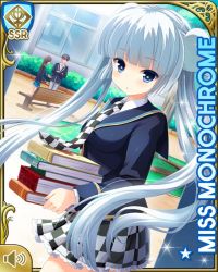 Rule 34 | 1boy, 2girls, :o, blue eyes, blue jacket, blunt bangs, card, character name, checker pattern, day, girlfriend (kari), jacket, miss monochrome, miss monochrome (character), multiple girls, necktie, official art, open mouth, outdoors, qp:flapper, school, school uniform, shirt, skirt, tagme, thighhighs, twintails, white footwear, white hair, white shirt