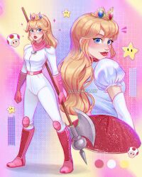 Rule 34 | 1girl, belt, biker clothes, biker peach, bikesuit, blonde hair, blue eyes, blush, bodysuit, boots, chibi, chibi inset, closed mouth, crown, dress, elbow gloves, eyelashes, full body, glitter, gloves, hair between eyes, highres, knee boots, long hair, looking at viewer, looking back, looking to the side, luztapiaart, mario (series), multicolored background, multiple views, nintendo, official alternate costume, pink belt, pink footwear, pink gloves, pink scarf, princess peach, puffy short sleeves, puffy sleeves, red lips, scarf, short sleeves, sidelocks, skin tight, sparkle, star (symbol), super star (mario), the super mario bros. movie, toad (mario), twitter username, white bodysuit, white dress, white gloves