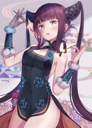 Rule 34 | 1girl, bare shoulders, black dress, blue eyes, blunt bangs, blush, breasts, bug, china dress, chinese clothes, cleavage, detached sleeves, dress, egasumi, fate/grand order, fate (series), flower, grey background, hair ornament, highres, large breasts, long hair, looking at viewer, parted lips, pilokey, purple hair, side slit, sidelocks, solo, thighs, twintails, very long hair, yang guifei (fate), yang guifei (second ascension) (fate)
