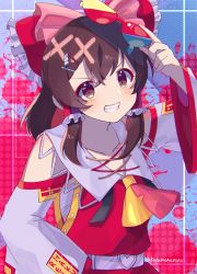 Rule 34 | 1girl, arm up, ascot, belt, blush, bow, brown eyes, brown hair, collarbone, commentary request, detached sleeves, english text, unworn eyewear, frilled bow, frilled hair tubes, frills, grin, hair bow, hair ornament, hair tubes, hairclip, hakurei reimu, highres, holding, holding removed eyewear, kudamono25253, long sleeves, looking at viewer, medium hair, nontraditional miko, red background, red bow, red skirt, red vest, sarashi, skirt, smile, solo, touhou, twitter username, vest, white belt, yellow ascot, yin yang, yin yang print