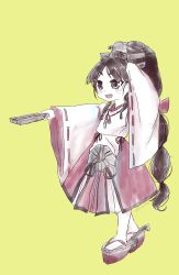 Rule 34 | 1girl, :d, arm up, blunt bangs, blush, catapult, commentary, detached sleeves, folding fan, full body, hair ribbon, hakama, hakama skirt, hand fan, headgear, high ponytail, highres, japanese clothes, kantai collection, kariginu, long hair, long sleeves, looking to the side, miko, multi-tied hair, nami nami (belphegor-5812), nisshin (kancolle), okobo, open mouth, outstretched arm, radar hair ornament, ribbon, ribbon-trimmed sleeves, ribbon trim, sandals, simple background, skirt, smile, solo, tabi, teeth, thick eyebrows, twitter username, very long hair, wide sleeves