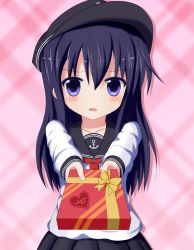 Rule 34 | 1girl, akatsuki (kancolle), anchor symbol, black hat, black skirt, blush, box, collarbone, commentary request, fingernails, flat cap, gift, gift box, hair between eyes, hat, highres, holding, holding gift, ikka (i maru9), incoming gift, kantai collection, long hair, long sleeves, looking at viewer, neckerchief, parted lips, pink background, plaid, plaid background, pleated skirt, purple eyes, purple hair, red neckerchief, school uniform, serafuku, shirt, skirt, solo, tareme, valentine, very long hair, white shirt