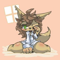 Rule 34 | androgynous, artist request, brown hair, dog, full body, furry, gender request, green eyes, indoors, long hair, pajamas, solo, yawning