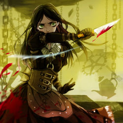 Rule 34 | 199993, 1girl, absurdres, alice: madness returns, alice (alice in wonderland), alice in wonderland, alice liddell (american mcgee&#039;s alice), american mcgee&#039;s alice, apron, black hair, blood, card, dress, frown, gloves, highres, knife, long hair, slashing, solo, steampunk