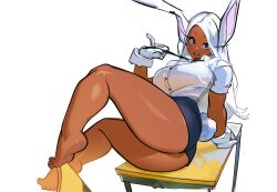 Rule 34 | 1girl, absurdres, animal ears, ass, bare legs, barefoot, black necktie, black shorts, blueisalanguage, boku no hero academia, breasts, chair, clothing cutout, collared shirt, commentary, dark-skinned female, dark skin, desk, english commentary, feet, full body, gloves, highres, holding necktie, knee up, large breasts, legs, long eyelashes, long hair, looking at viewer, mirko, necktie, on desk, open mouth, parted bangs, rabbit ears, rabbit girl, rabbit tail, raised eyebrow, red eyes, school chair, school desk, shirt, shirt tucked in, short shorts, shorts, smile, solo, tail, tail through clothes, teeth, thick thighs, thighs, toes, very long hair, white gloves, white hair, white shirt