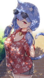 Rule 34 | 1girl, absurdres, animal ear fluff, animal ears, bell, blue hair, blue tail, breasts, cat ears, cat tail, dappled sunlight, day, extra ears, eyewear on head, hair ornament, heart, heart hair ornament, highres, jingle bell, long hair, looking at viewer, medium breasts, namako (namacotan), neck bell, outdoors, plivyou, red eyes, shikai yue, shorts, solo, sunglasses, sunlight, tail, twintails, virtual youtuber
