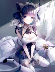 Rule 34 | 1girl, azur lane, bare shoulders, between legs, breasts, cheshire (azur lane), cleavage, closed mouth, commentary request, curtains, detached sleeves, dress, garter straps, grey nails, hand between legs, high heels, highres, medium breasts, nail polish, puffy short sleeves, puffy sleeves, purple dress, purple eyes, purple footwear, purple hair, seero, shoes, short sleeves, sitting, sleeveless, sleeveless dress, smile, solo, thighhighs, transparent, v arms, wariza, white sleeves, white thighhighs, wrist cuffs