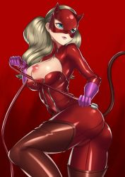 Rule 34 | 10s, 1girl, ass, bad id, bad pixiv id, blonde hair, blue eyes, bodysuit, breasts, brown thighhighs, cameltoe, earrings, from behind, gloves, hair ornament, hairclip, jewelry, latex, latex gloves, latex suit, long hair, looking back, mask, medium breasts, nipples, persona, persona 5, purple gloves, shiny clothes, shiny skin, sideboob, skin tight, smile, solo, tail, takamaki anne, thighhighs, thighs, twintails, v-shaped eyebrows, vanquice, whip, zipper