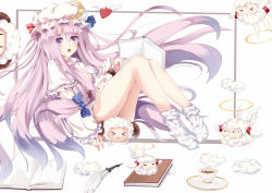 Rule 34 | 1girl, book, bow, coffee, crescent, crescent hair ornament, deformed, hair bow, hair ornament, hat, long hair, open mouth, patchouli knowledge, purple eyes, purple hair, sheep, thighs, touhou, very long hair, white crow