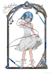 Rule 34 | 1girl, absurdres, alternate costume, ankle ribbon, bare arms, bare legs, bare shoulders, blue eyes, blue hair, blue nails, blue ribbon, brown pupils, character name, dress, expressionless, eyelashes, frilled dress, frills, full body, grey footwear, heart, heart-shaped pupils, highres, holding, holding ribbon, leg ribbon, mahou shoujo madoka magica, mahou shoujo madoka magica (anime), medium dress, miki sayaka, nail polish, ouge dz, parted lips, picture frame, ribbon, sandals, short hair, simple background, skirt hold, sleeveless, sleeveless dress, solo, soul gem, spaghetti strap, standing, straight-on, sundress, symbol-shaped pupils, toes, weibo watermark, white background, white dress, white ribbon, wrist ribbon