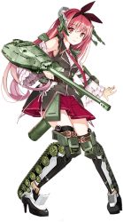 Rule 34 | 1girl, :3, bare shoulders, black thighhighs, boots, bow, cannon, full body, high heel boots, high heels, is-4 (panzer waltz), long hair, looking at viewer, mecha musume, official art, panzer waltz, personification, pink hair, red eyes, skirt, solo, tama (tamatamo), thigh boots, thighhighs, transparent background