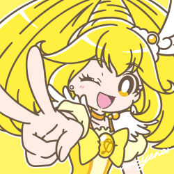 Rule 34 | 1girl, ;d, blonde hair, blush, bow, bright pupils, choker, cure peace, earrings, eyelashes, hair flaps, high ponytail, highres, jewelry, kise yayoi, long hair, looking at viewer, magical girl, mayena, one eye closed, open mouth, outline, ponytail, precure, puffy sleeves, signature, simple background, smile, solo, stud earrings, tiara, upper body, v, white outline, white pupils, wing earrings, wings, yellow bow, yellow eyes, yellow theme