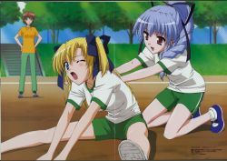 Rule 34 | 00s, 3girls, :d, ;o, age difference, assisted stretching, bad id, blonde hair, blue eyes, blue hair, blush, bow, braid, brown hair, canvas 2, chain-link fence, crease, day, fence, flat chest, from side, fujinami tomoko, green eyes, gym uniform, hair bow, hair over shoulder, hair ribbon, hands on own hips, high ponytail, highres, housen elis, kikyou kiri, kneeling, leaning forward, long hair, magazine scan, megami magazine, mouth hold, multiple girls, nitta yasunari, non-web source, official art, on ground, one eye closed, open mouth, outdoors, pants, ponytail, red eyes, ribbon, scan, scan artifacts, shirt, shoes, short hair, short sleeves, shorts, single braid, sitting, smile, sneakers, socks, spread legs, stairs, standing, stretching, t-shirt, teacher, tomboy, track pants, tree, two side up, v arms, very short hair, whistle, wince