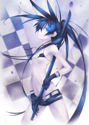 Rule 34 | 10s, 1girl, belt, bikini, bikini top only, black rock shooter, black rock shooter (character), censored, convenient censoring, flat chest, highres, long hair, midriff, nanakusa, navel, pale skin, scar, short shorts, shorts, solo, swimsuit, sword, torn clothes, twintails, very long hair, weapon
