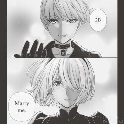Rule 34 | 1boy, 1girl, blue eyes, collar, comic, commentary, english text, gloves, greyscale, hair over one eye, hairband, hetero, highres, medium hair, mole, mole under mouth, monochrome, nier:automata, nier (series), pillarboxed, marriage proposal, shirl geem, spot color, symbol-only commentary, twitter username, watermark, 2b (nier:automata), 9s (nier:automata)