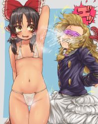 Rule 34 | 1boy, 2girls, armpits, arms behind back, benikurage (cookie), bikini, black hair, blindfold, blonde hair, blue background, blush, bound, bound arms, bow, braid, breasts, bulge, clenched teeth, commentary, cookie (touhou), cowboy shot, erection, erection under clothes, eyes visible through hair, fang, flat chest, flying sweatdrops, frilled bow, frills, gluteal fold, hair between eyes, hair bow, hair tubes, hakurei reimu, highres, kirisame marisa, pussy, long hair, medium hair, micro bikini, mittens, motion lines, multiple girls, navel, nipples, open mouth, otemoto (baaaaloooo), out of frame, purple blindfold, purple bow, pushing, red bow, red mittens, rei (cookie), sananana (cookie), see-through, side braid, small breasts, smell, sneezing, sneezing on another, snot, sound effects, standing, sweat, swimsuit, teeth, touhou, trap, two-tone background, white background, white bikini, yellow eyes
