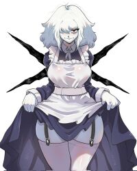 1girl albino alternate_costume apron blush breasts choker cleavage clothes_lift colored_skin curvy dress enmaided frilled_apron frills garter_straps hair_ornament highres huge_breasts la_albina_(tidal) large_breasts lifting_own_clothes looking_at_viewer maid maid_apron medium_hair original red_eyes skirt skirt_lift smile solo thighhighs thighs tidal_(tidaltides) waist_apron white_apron white_hair white_skin