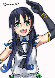 Rule 34 | 1girl, black gloves, black hair, black sailor collar, blue hair, elbow gloves, gloves, gradient hair, green eyes, kantai collection, long hair, looking at viewer, low twintails, maakun (makun dx), multicolored hair, one-hour drawing challenge, ribbon, sailor collar, school uniform, serafuku, shirt, simple background, sleeveless, sleeveless shirt, solo, suzukaze (kancolle), twintails, twitter username, upper body, white background