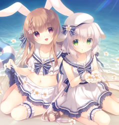 Rule 34 | 2girls, :d, :o, beach, blue bow, bow, braid, bridal garter, brown hair, collarbone, commentary request, crop top, day, dress, flower, frilled sailor collar, frills, green eyes, grey hair, hair between eyes, hair bow, holding, holding flower, long hair, low twintails, midriff, multiple girls, navel, on ground, open mouth, original, outdoors, parted lips, red eyes, sailor collar, sailor dress, sand, shirt, skirt, skirt hold, sleeveless, sleeveless dress, smile, twintails, very long hair, water, white dress, white flower, white sailor collar, white shirt, white skirt, wrist cuffs, yukie (peach candy)