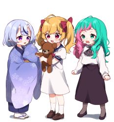 Rule 34 | 3girls, :d, aged down, ahoge, black footwear, black skirt, blonde hair, blue hair, blue kimono, blue sailor collar, blush, bow, brown footwear, commentary request, crying, crying with eyes open, dress, genderswap, genderswap (mtf), green eyes, green hair, grey legwear, hair bow, holding, holding stuffed toy, horns, japanese clothes, joe rikiichi, kimono, loafers, long hair, long sleeves, mole, mole under eye, mole under mouth, multicolored hair, multiple girls, nijisanji, obi, oni, open mouth, pantyhose, pink hair, puffy short sleeves, puffy sleeves, purple eyes, red bow, red eyes, rindou mikoto, sailor collar, sailor dress, sandals, sash, shadow, shirt, shoes, short eyebrows, short sleeves, skin-covered horns, skirt, sleeves past fingers, sleeves past wrists, smile, snot, socks, standing, streaked hair, stuffed animal, stuffed toy, tabi, takamiya rion, tears, teddy bear, thick eyebrows, twintails, two-tone hair, virtual youtuber, wavy mouth, white background, white dress, white legwear, white shirt, yamabukiiro, zouri
