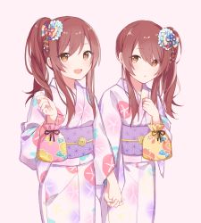 Rule 34 | 2girls, blush, brown eyes, flower, hair flower, hair ornament, highres, holding hands, idolmaster, idolmaster shiny colors, japanese clothes, kimono, knokzm, long hair, looking at viewer, multiple girls, open mouth, osaki amana, osaki tenka, red hair, siblings, side ponytail, sidelocks, simple background, sisters, standing, white background