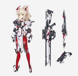 Rule 34 | 1girl, arms at sides, black gloves, blonde hair, breasts, cancell, expressionless, full body, gloves, grey background, gun, half gloves, handgun, high heels, highres, long hair, mecha musume, medium breasts, orange eyes, original, pelvic curtain, ponytail, rifle, science fiction, solo, standing, sword, weapon
