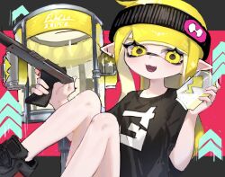 Rule 34 | 1girl, black background, black footwear, black headband, black shirt, blonde hair, can, commentary, drink can, eyelashes, gun, headband, highres, holding, holding gun, holding weapon, inkling, inkling girl, inkling player character, long hair, looking at viewer, n-zap (splatoon), nintendo, open mouth, print shirt, red background, shirt, smile, soda can, solo, splatoon (series), splatoon 3, symbol-only commentary, tacticooler (splatoon), tentacle hair, two-tone background, weapon, yellow eyes, yomeniwan
