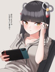 Rule 34 | 1girl, black hair, blunt bangs, blush, controller, fewer digits, game console, game controller, hair ornament, handheld game console, highres, holding, holding handheld game console, joy-con, long hair, looking at viewer, menbou (menbow3v), minoto, monster hunter (series), monster hunter rise, nintendo, nintendo switch, playing games, pointy ears, solo, sweater, yellow eyes