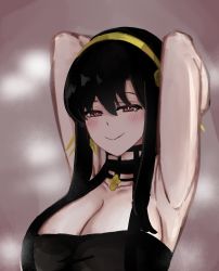 Rule 34 | 1girl, absurdres, armpits, arms behind head, arms up, artist request, black hair, blush, breasts, cleavage, highres, large breasts, long hair, looking at viewer, red eyes, smile, solo, spy x family, yor briar