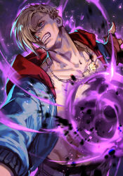 1boy aura blonde_hair blue_eyes blue_jacket dark_background ed_(street_fighter) hair_over_one_eye hood hooded_jacket hungry_clicker jacket jewelry male_focus short_hair solo street_fighter upper_body