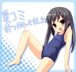 Rule 34 | 1girl, bad id, bad pixiv id, barefoot, black hair, brown eyes, female focus, halftone, halftone background, k-on!, karaage3, long hair, nakano azusa, one-piece swimsuit, school swimsuit, solo, swimsuit, twintails, white background
