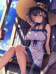 1girl ;d arm_support beach black_hair blue_choker blue_sky blurry blurry_background blurry_foreground blush bottle breasts choker commentary_request commission depth_of_field dress empire_waist feet_out_of_frame flower frilled_dress frills green_eyes grin hair_ribbon hat hat_flower highres holding holding_bottle hot knees_together_feet_apart large_breasts lens_flare long_hair looking_at_viewer one_eye_closed open_mouth original outdoors ribbon ryuinu short_dress sitting skeb_commission sky sleeveless sleeveless_dress smile solo straw_hat sun_hat sundress sweat tan tress_ribbon underbust water_bottle white_dress