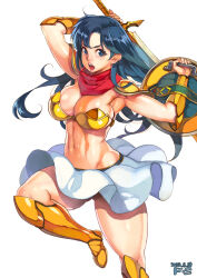 Rule 34 | 1girl, abs, armor, armpits, asou yuuko, bikini armor, blue eyes, blue hair, boots, breasts, cleavage, f.s., gold armor, highres, holding, holding sword, holding weapon, knee boots, large breasts, long hair, metal, midriff, miniskirt, mugen senshi valis, navel, red scarf, scarf, shoulder pads, skirt, solo, sword, valis, vambraces, warrior, weapon
