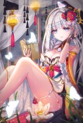 Rule 34 | 1girl, artist name, bad id, bad yandere id, bare shoulders, blue eyes, blush, book, braid, breasts, cleavage, copyright notice, flower, grey hair, hair flower, hair intakes, hair ornament, highres, long hair, looking at viewer, lotus, parted lips, qurare magic library, red flower, single braid, sitting, smile, snow is, snow is , solo, white flower, zhuangzi (qurare)